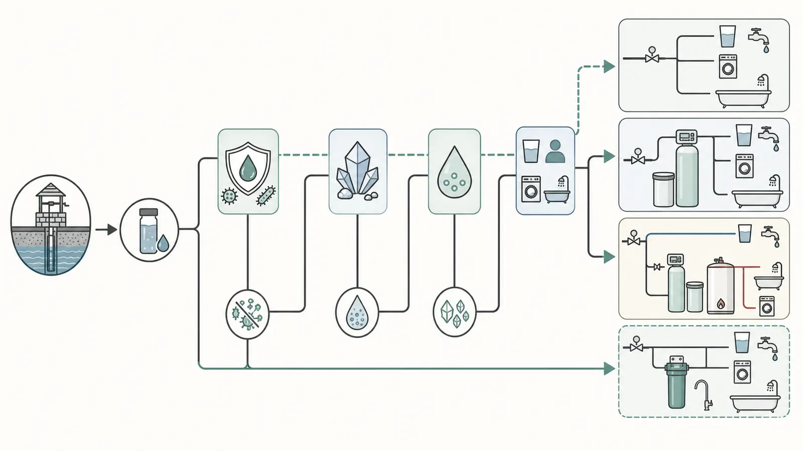 Decision map from a private-well test to whole-house softening, hot-only softening, an unsoftened drinking tap, or point-of-use treatment
