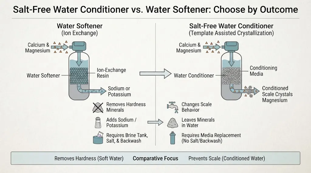 Comparison showing ion exchange removing hardness ions versus a conditioner reducing scale behavior while hardness remains in the water