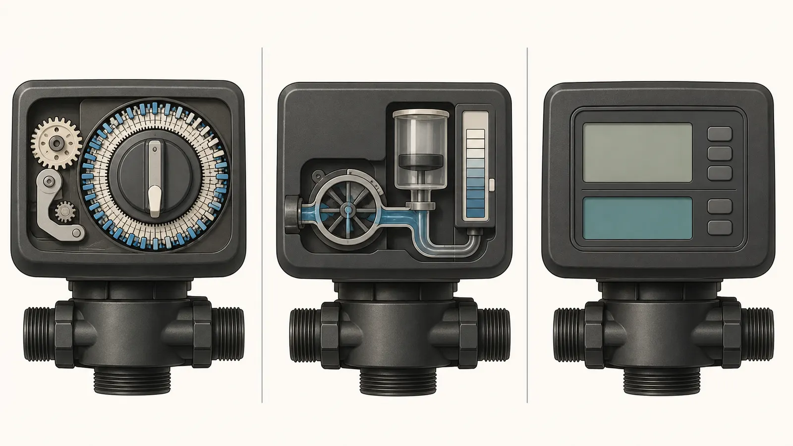 Side-by-side comparison of a time-clock dial, a metered controller, and an electronic display with ambiguous clock evidence