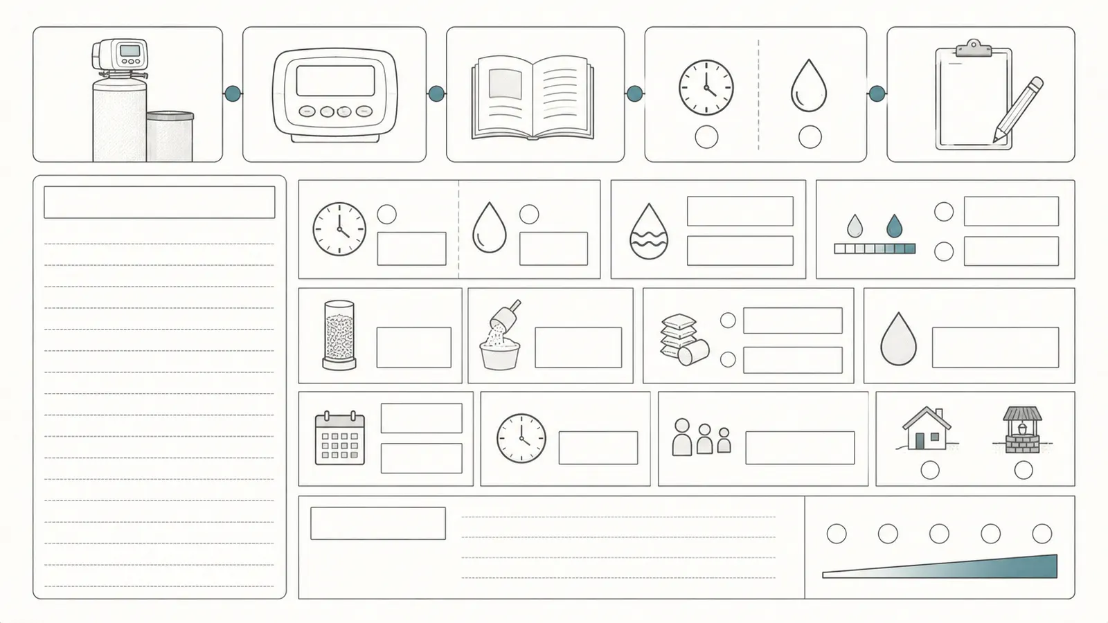 Reusable field worksheet for model, trigger, hardness, capacity, salt dose, meter evidence, and regeneration dates