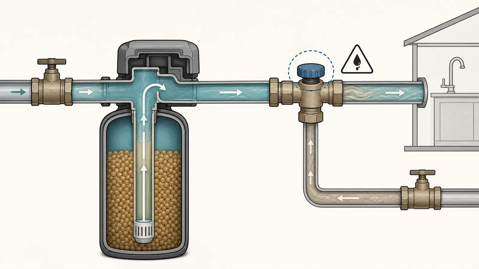 Blending valve allowing a controlled stream of hard water to mix with softened water