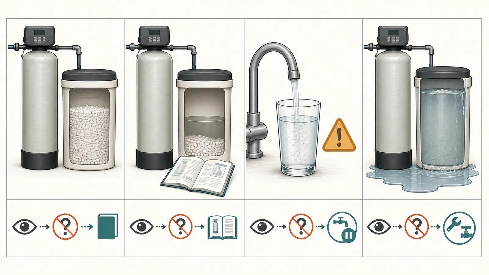 Comparison of normal post-outage observations with salty water, high tank level, and no-softness warning signs