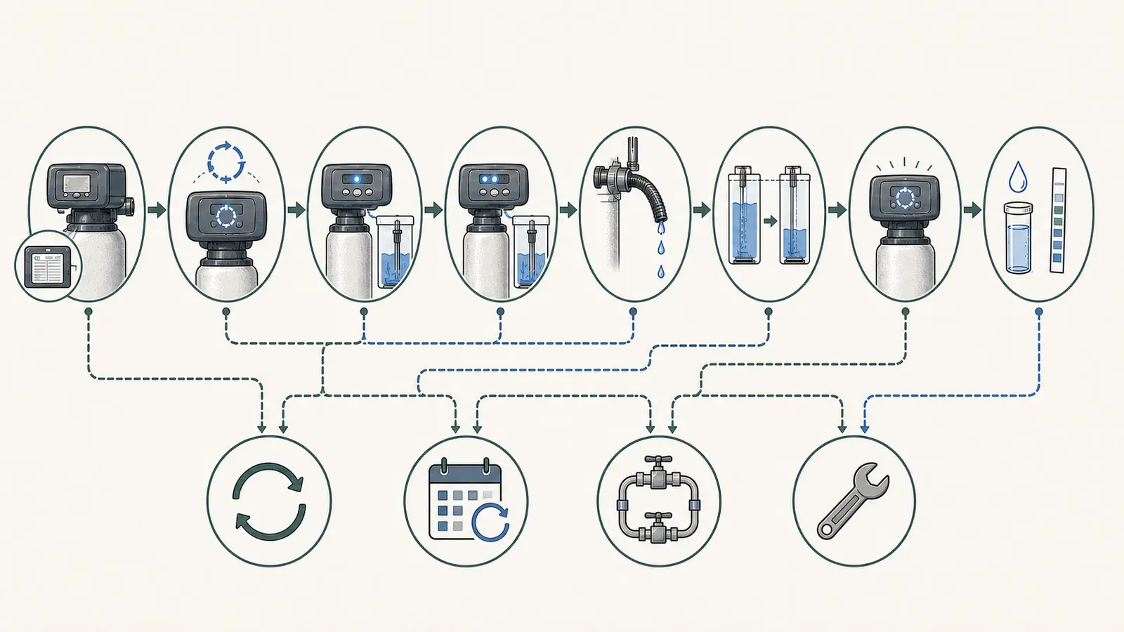 Post-outage decision map linking clock, valve, tank, water, and drain observations to the next action