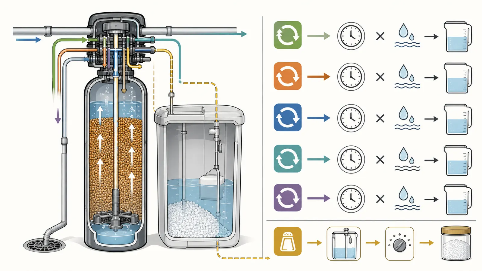 Regeneration flow path from brine tank through resin tank and out the drain