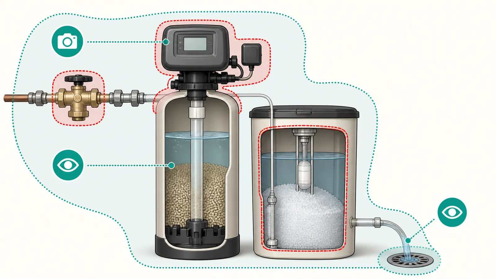Safe homeowner observation boundary around a softener controller, brine tank, bypass, and drain
