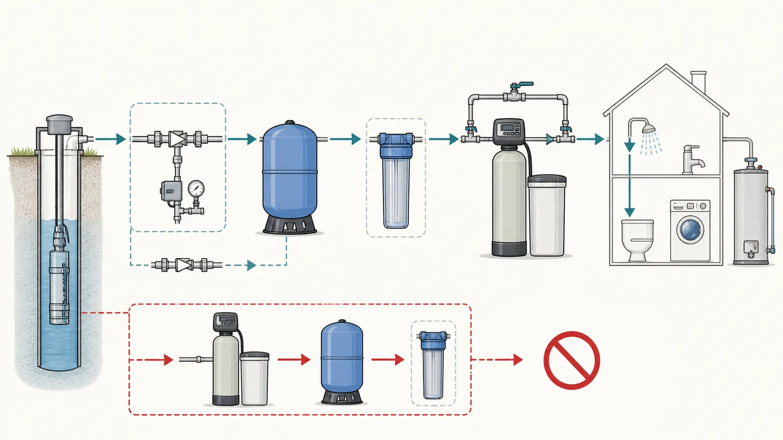Labeled well-water flow diagram showing the pressure tank before a regenerating softener