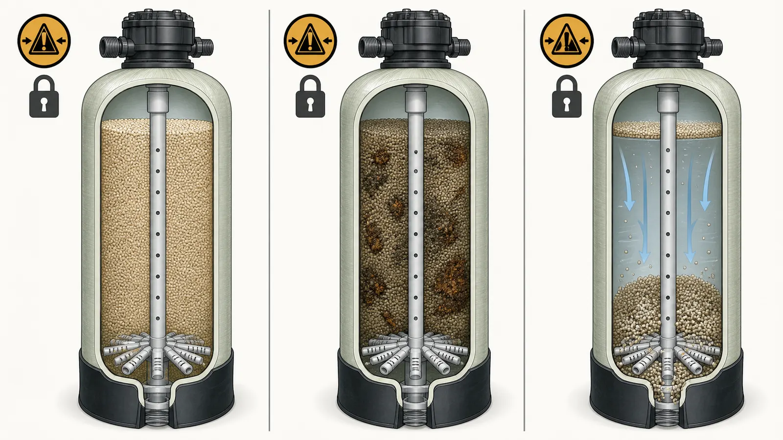 Cutaway of a resin tank with healthy bed, fouled bed, and media-loss clues