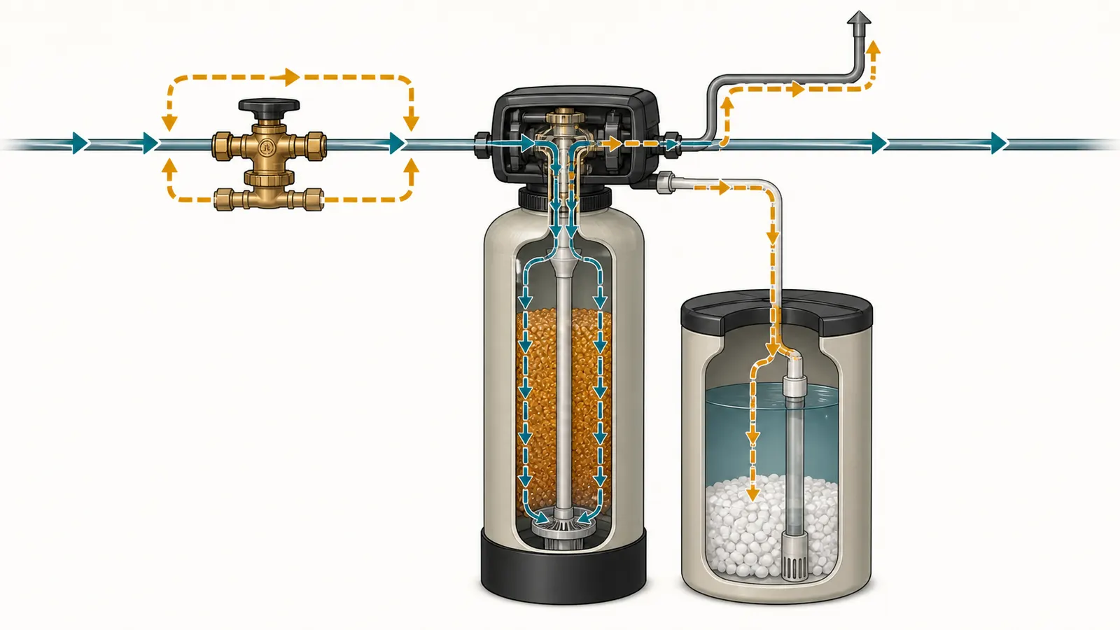 Water softener flow path showing resin tank, brine tank, bypass, and drain