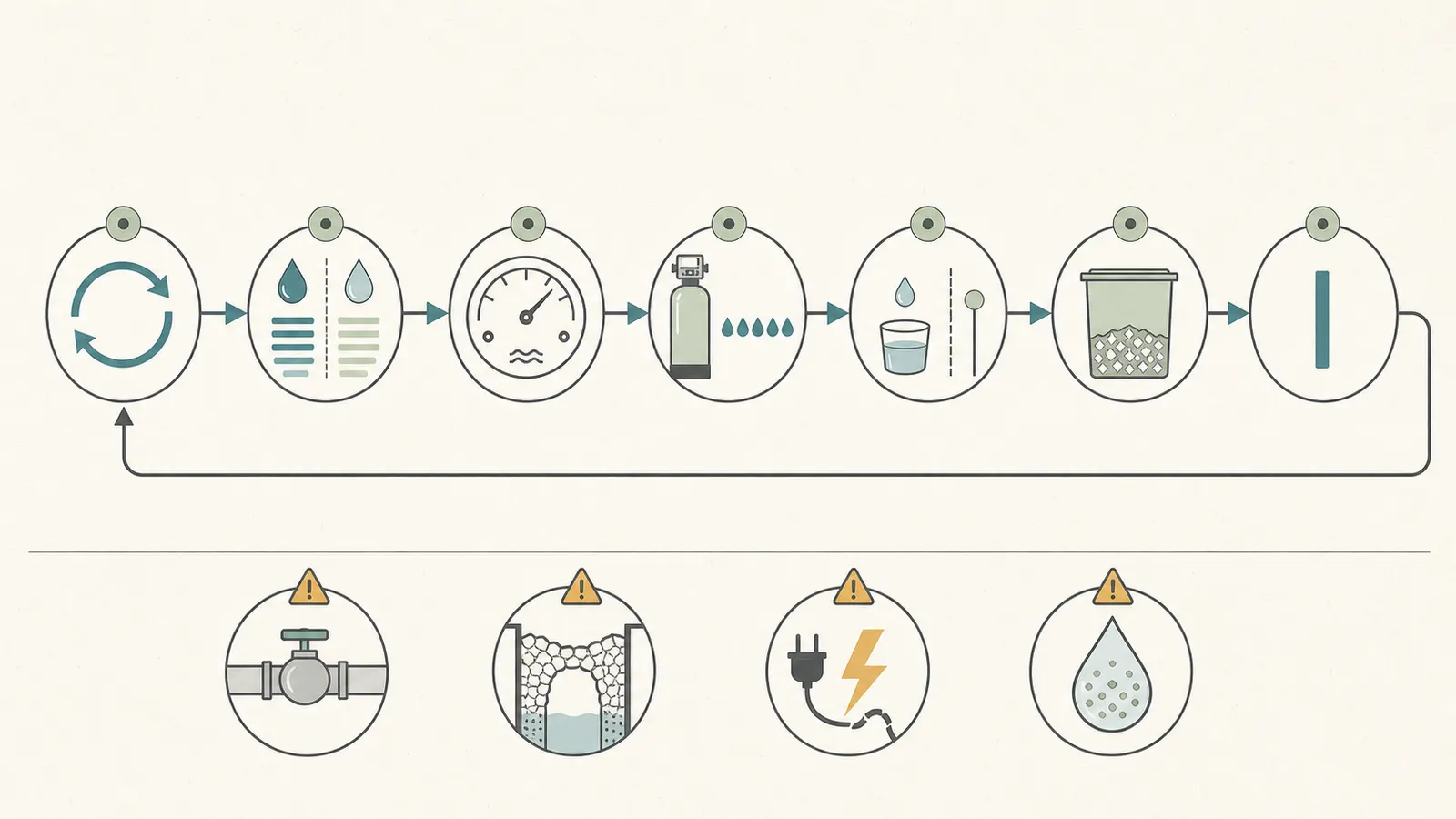 A timeline from completed regeneration through normal water use to the next regeneration and log entry.