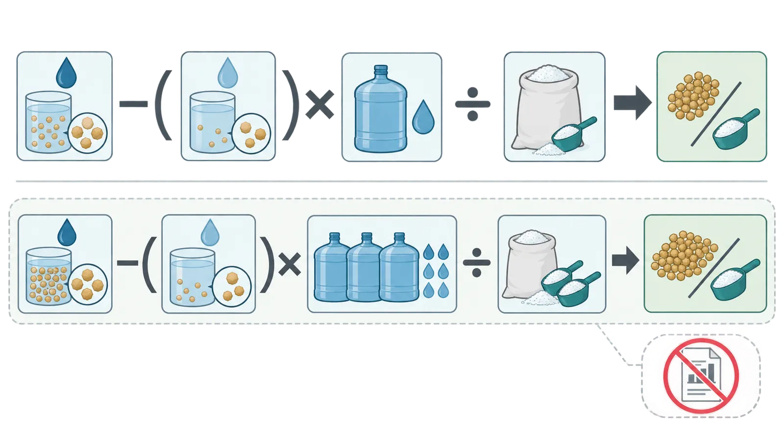A formula map showing hardness difference multiplied by treated gallons and divided by salt pounds.