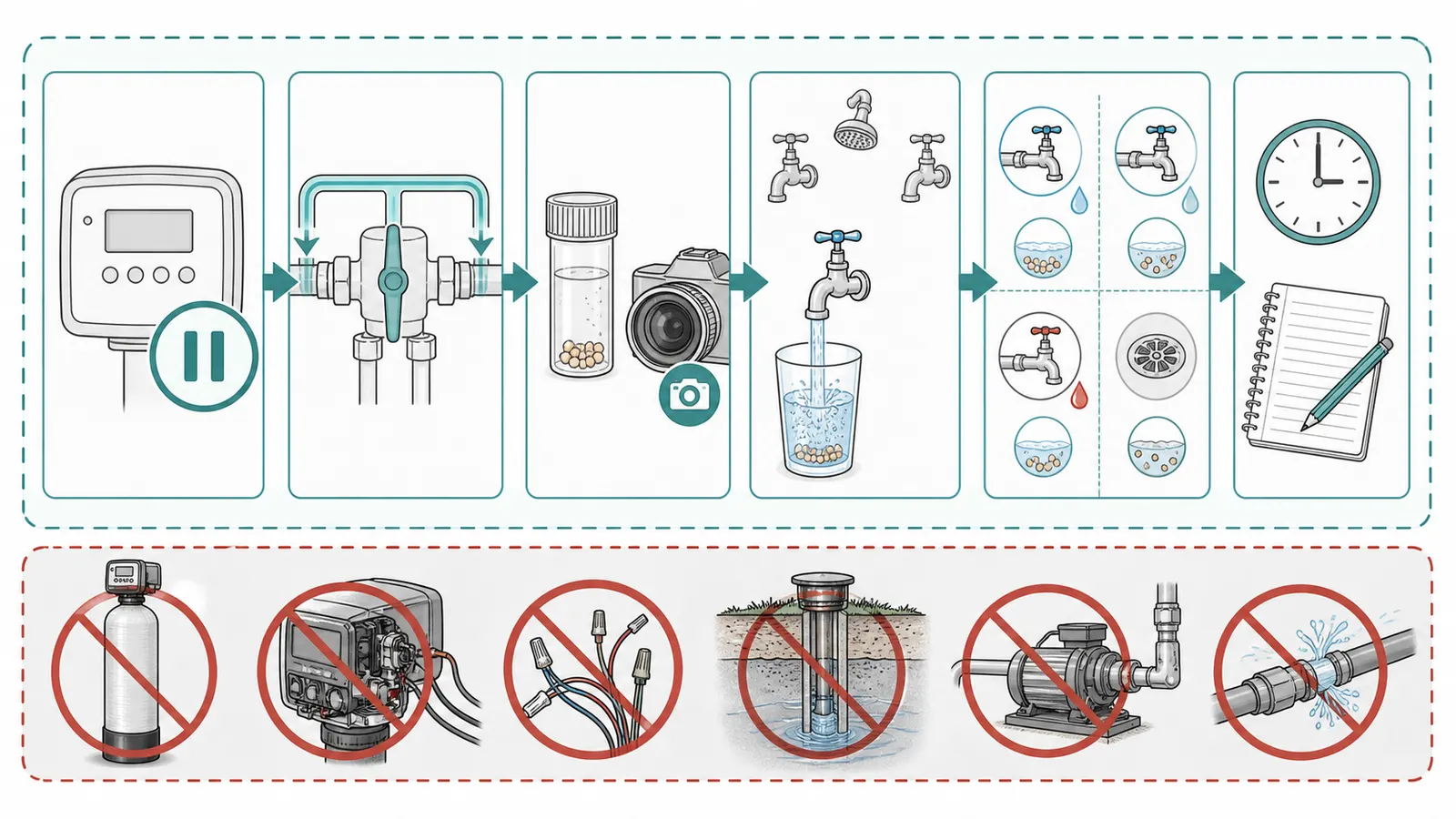 Safe sequence from labeled softener bypass to sample preservation and fixture comparison