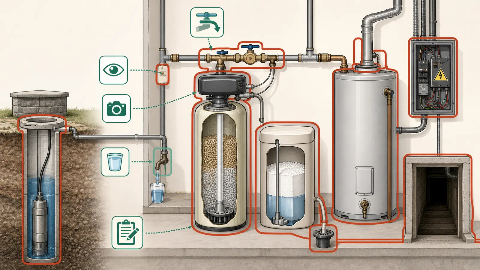 Softener cutaway with a homeowner observation zone and a qualified-service boundary around pressurized internals