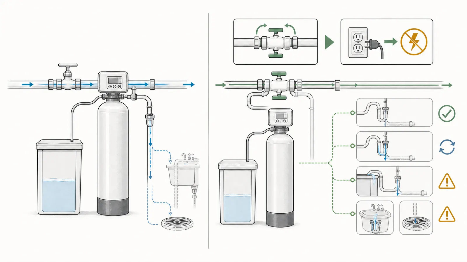 Comparison of bypass and service observations for stopping or continuing drain flow