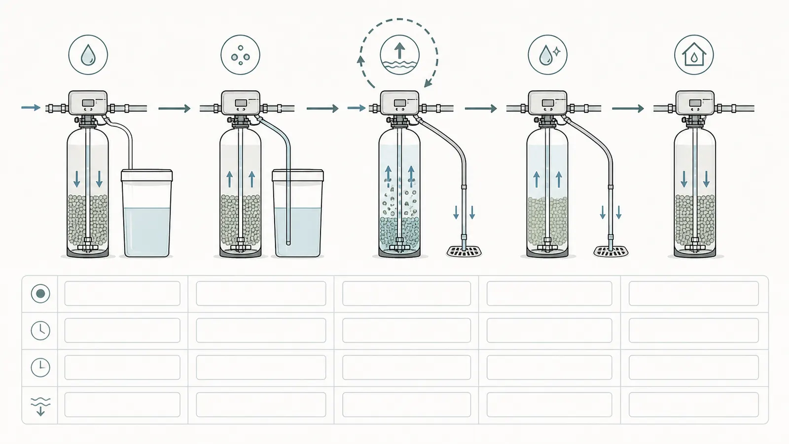 Finite regeneration timeline showing fill, brine, backwash, rinse, and return to service