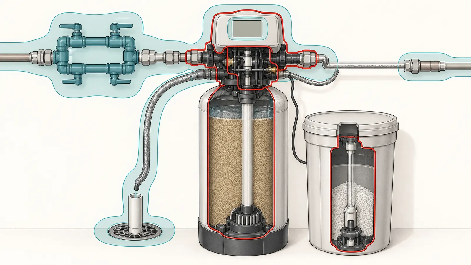 Softener cutaway marking homeowner observation points and prohibited energized or pressurized service areas
