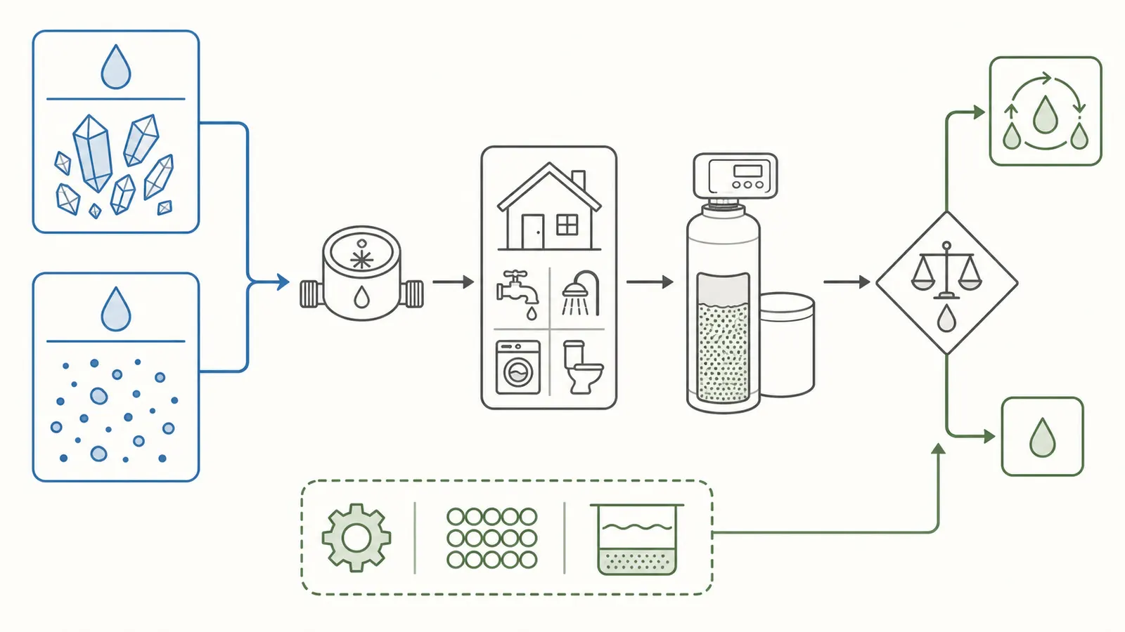 Diagram showing hardness and household water use feeding softener capacity and a regeneration decision