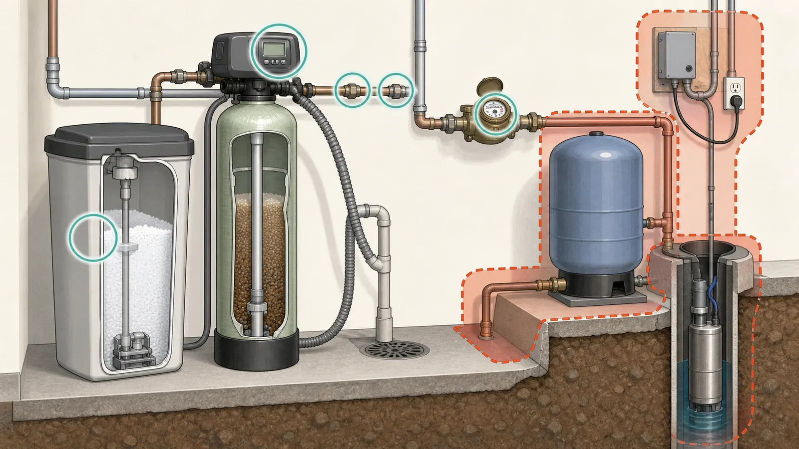 Softener cutaway marking safe visual checks and prohibited energized, pressurized, electrical, and well work