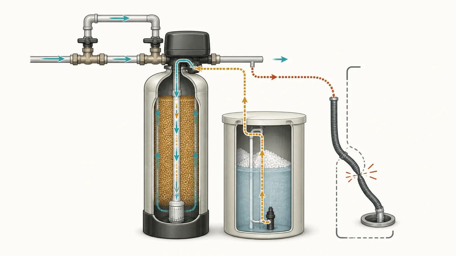 Simplified softener flow through brine draw, rinse, treated outlet, and drain hose