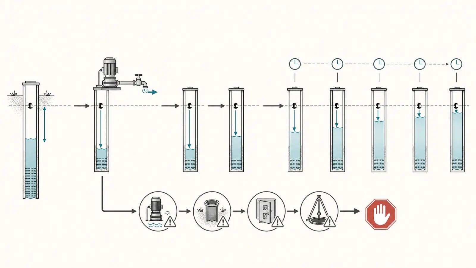 A well test timeline showing static level, drawdown, pump stop, and water-level recovery readings.