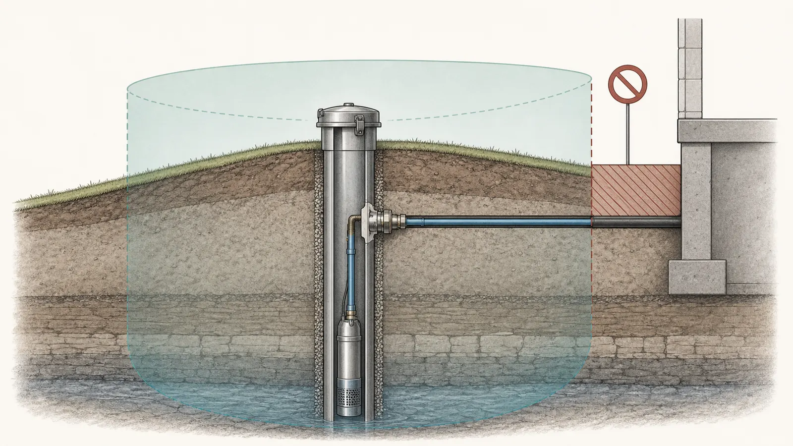 Cutaway of a capped well with casing, pump path, service clearance, and surface drainage
