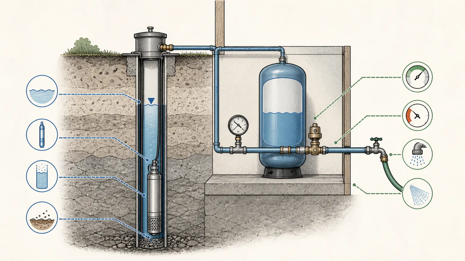 Cutaway of a private well, pump, water column, pressure tank, gauge, and recovery observations.