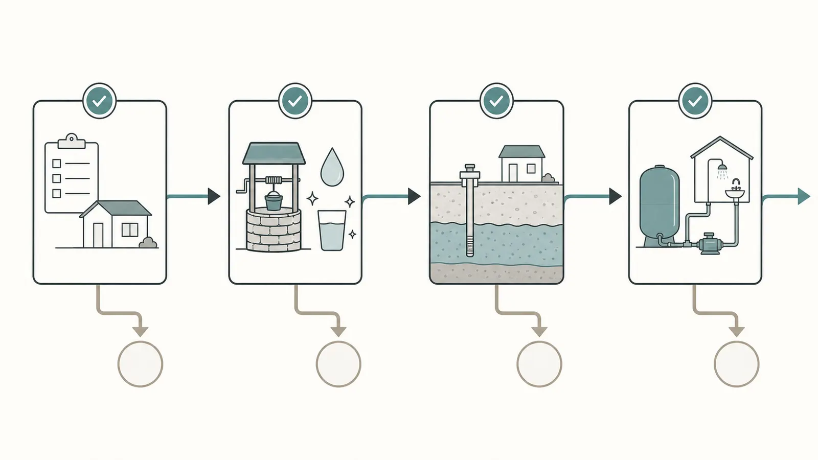 Four-gate map showing approval, potable water, quantity and recovery, then pressure and storage