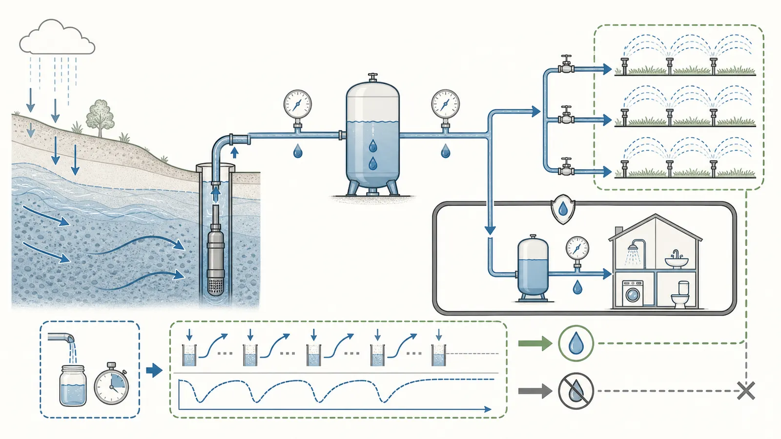 Diagram connecting sustainable well yield and recovery to pump delivery, pressure, sprinkler demand, and indoor reserve