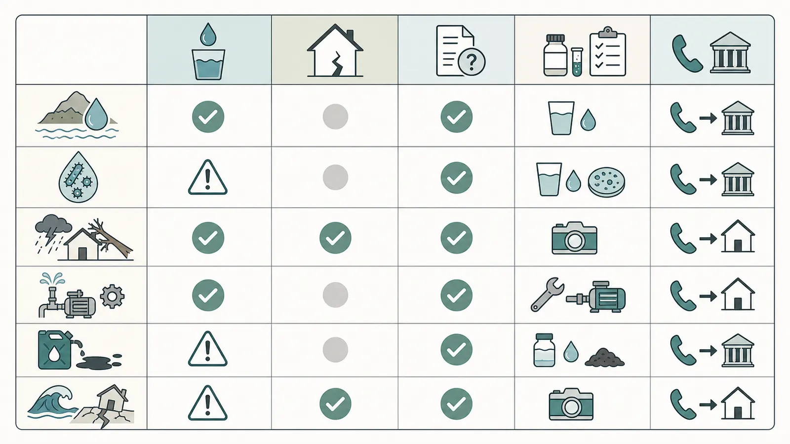 Comparison matrix for treatment, physical damage, documentation, and coverage questions