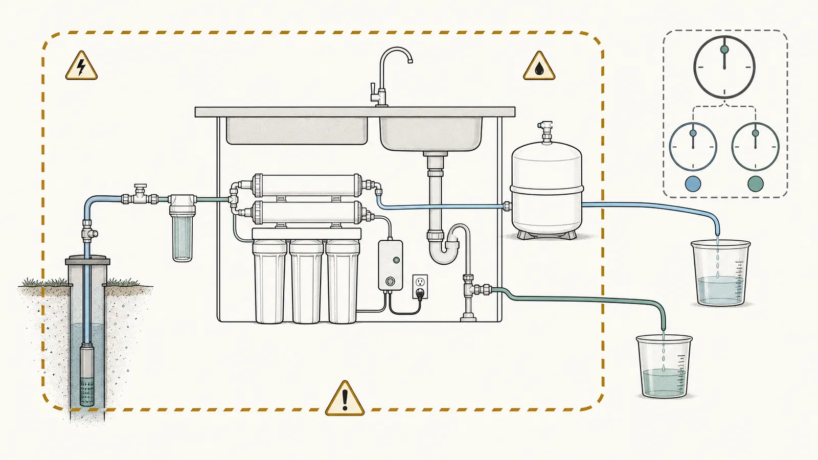 Private well cutaway showing wellhead, casing, pump, pressure tank, and treatment points