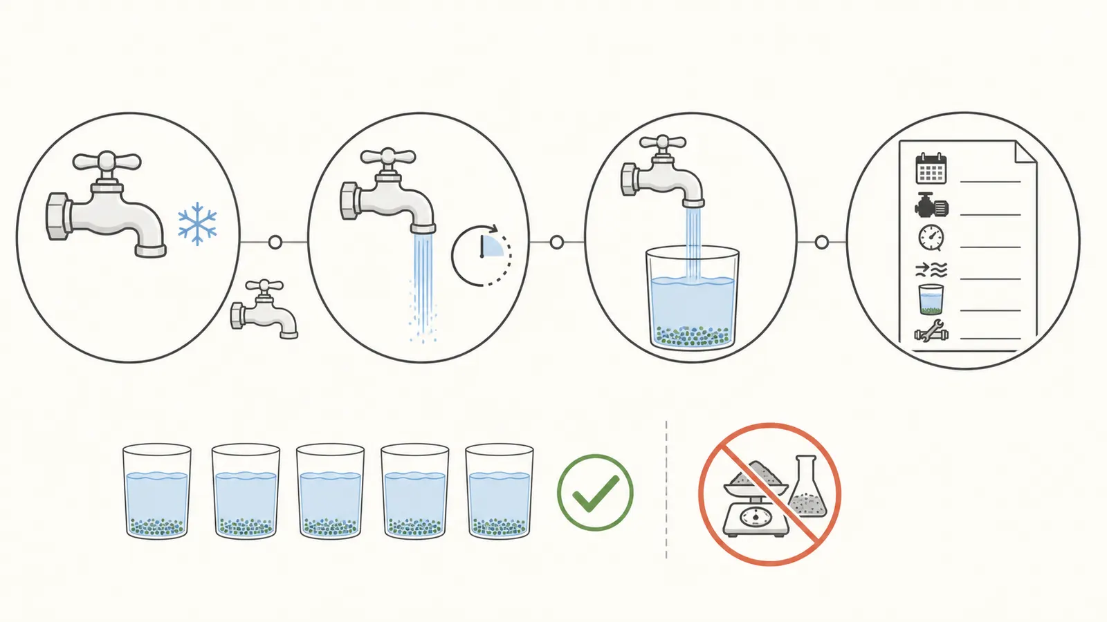 Repeatable sample routine with same faucet, flush interval, jar, photo, and log entry