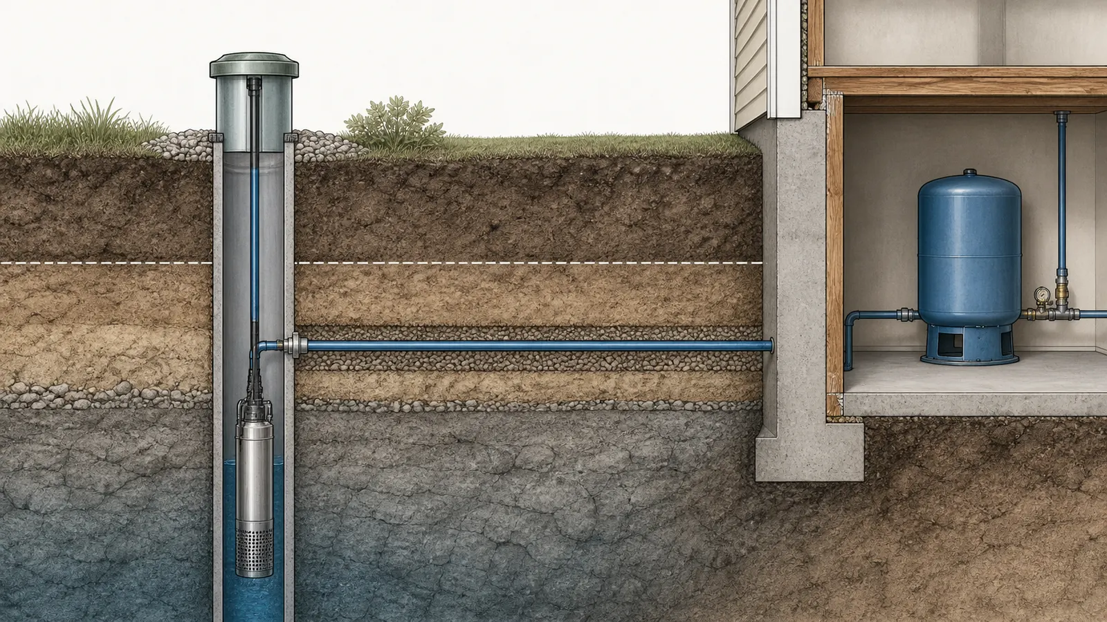 Cutaway showing a sanitary well cap, casing, below-grade pitless adapter, buried line, and submersible pump