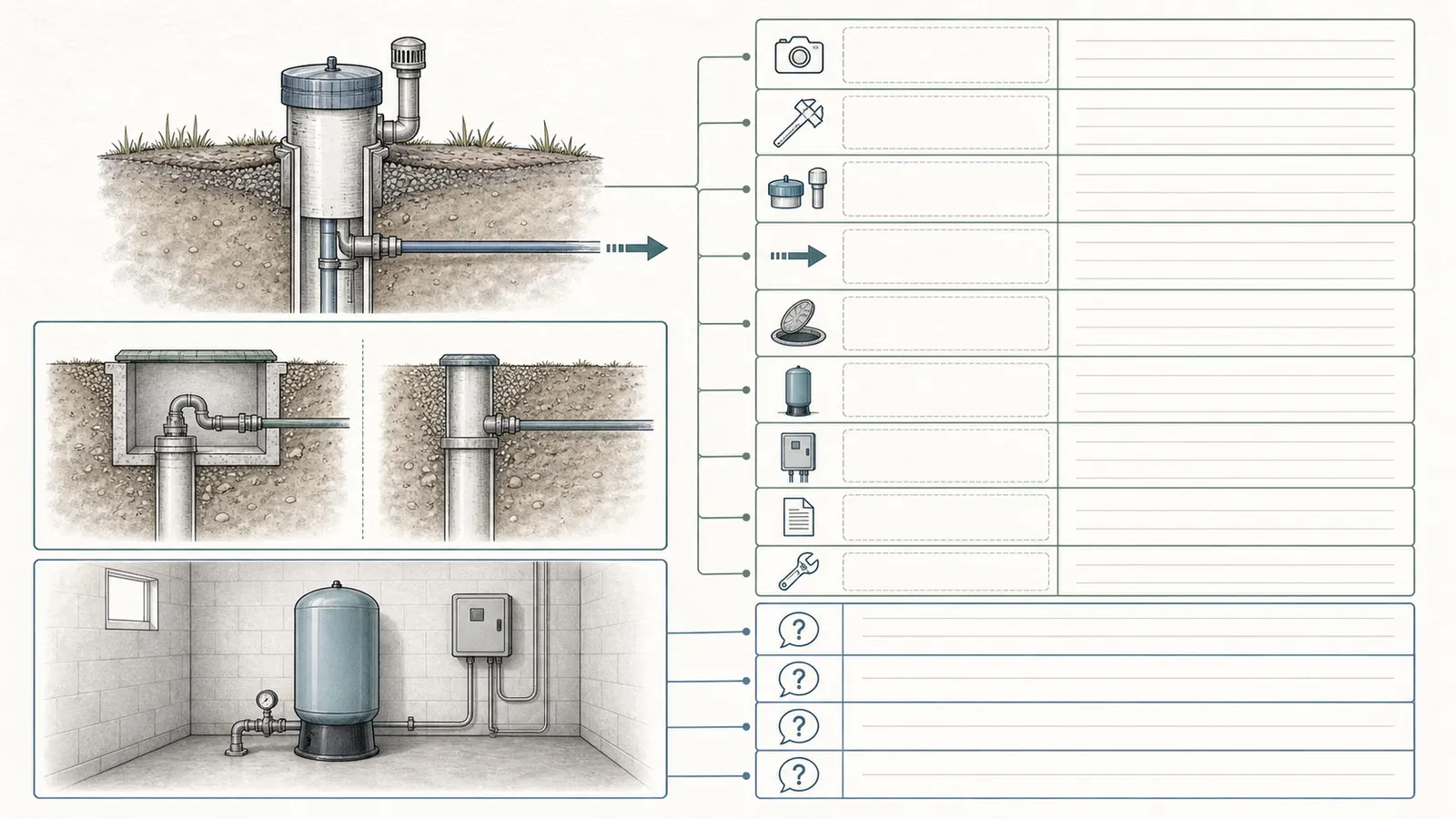 One-page handoff layout for wellhead photos, casing size, line direction, records, tank location, and service questions