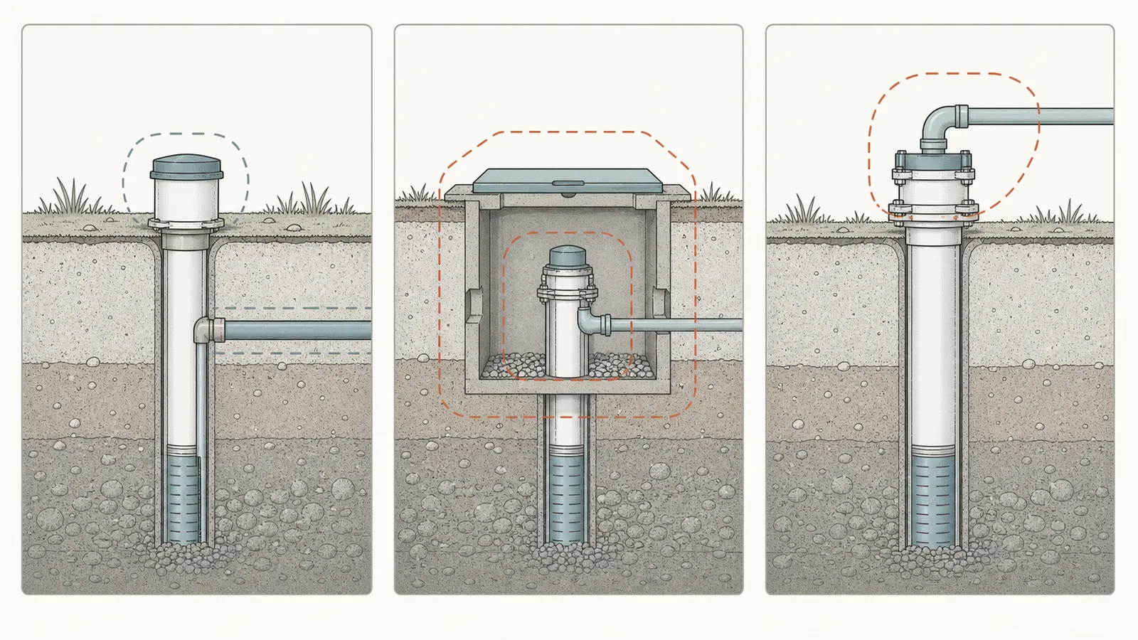 Three-panel comparison of a likely pitless arrangement, a well pit, and a top-of-casing discharge