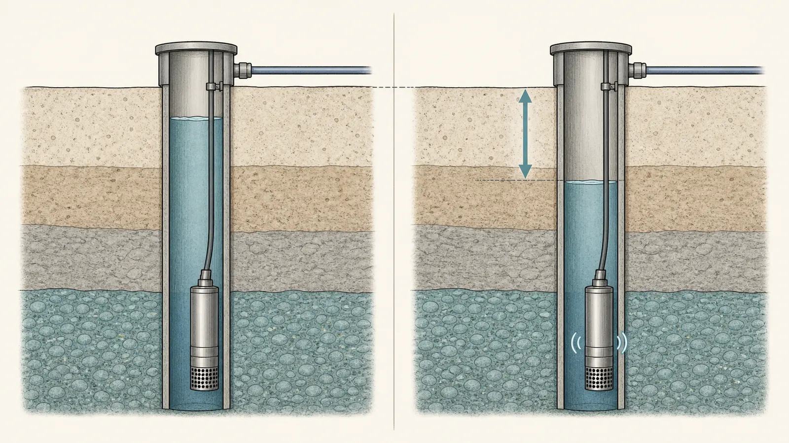 Cross-section comparing a recovered static water level with a lower pumping level and labeled drawdown