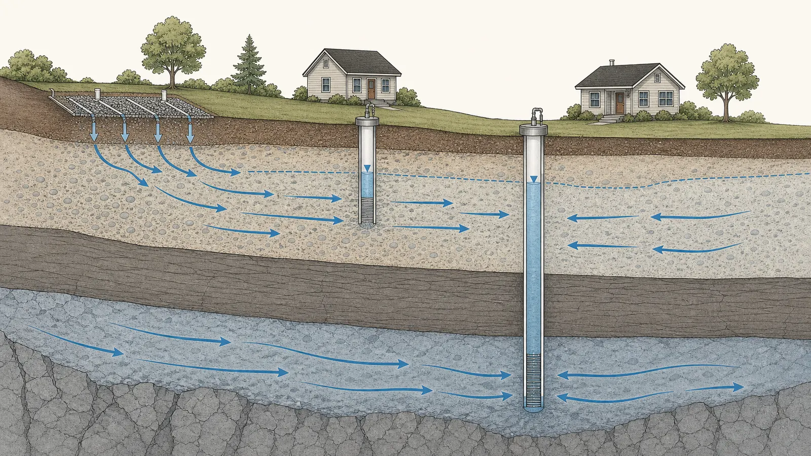 Groundwater cutaway showing two wells with different depths, casing, flow paths, and nearby septic sources.