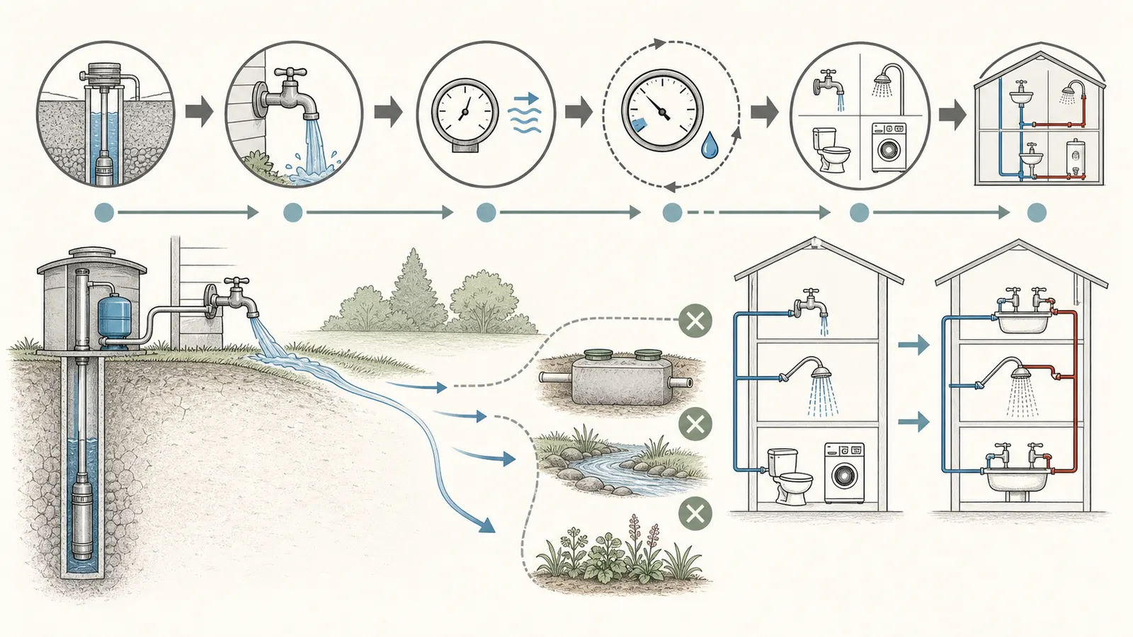 Flow diagram showing an outside faucet near the well, hose discharge to a safe area, staged flushing, and a low-yield pause loop.