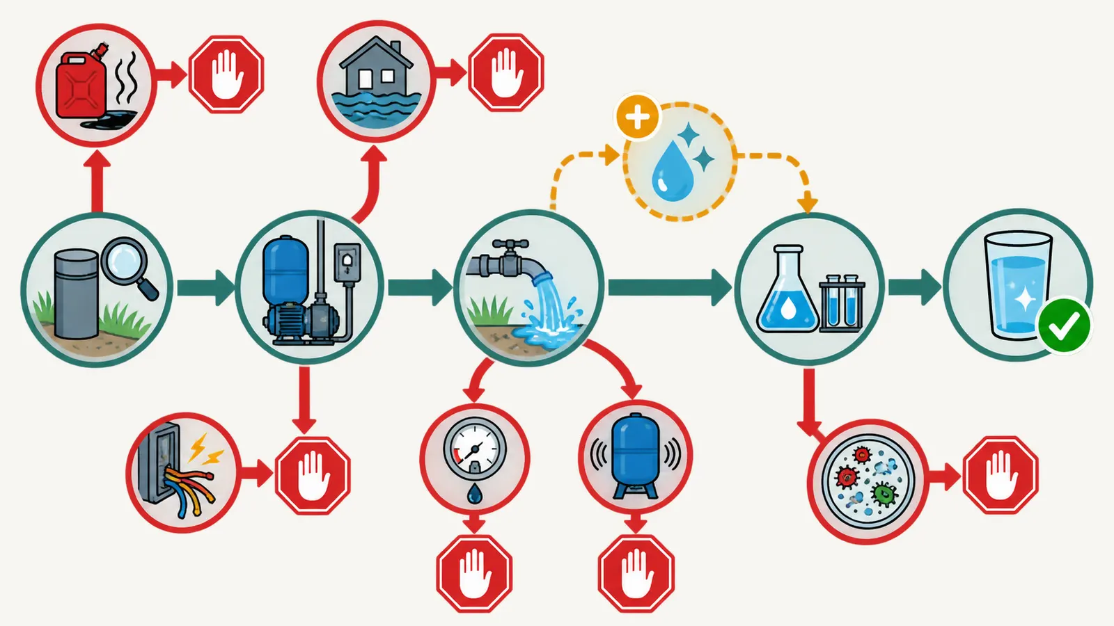 Decision map showing stop, inspect, restart, flush, disinfect, test, and return-to-use branches for a vacant-house private well.