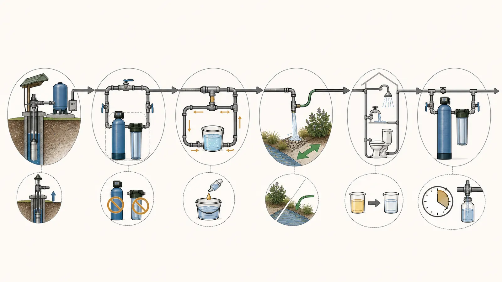 Treatment sequence showing softener and filter bypass during chlorination, outdoor drain-down, flush-out, and controlled restoration.