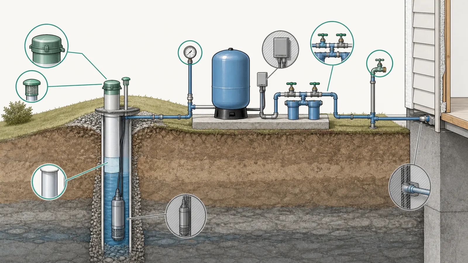 Labeled cutaway of a sanitary wellhead, casing, vent, pressure tank, gauge, pump wiring, treatment bypass, and house plumbing.