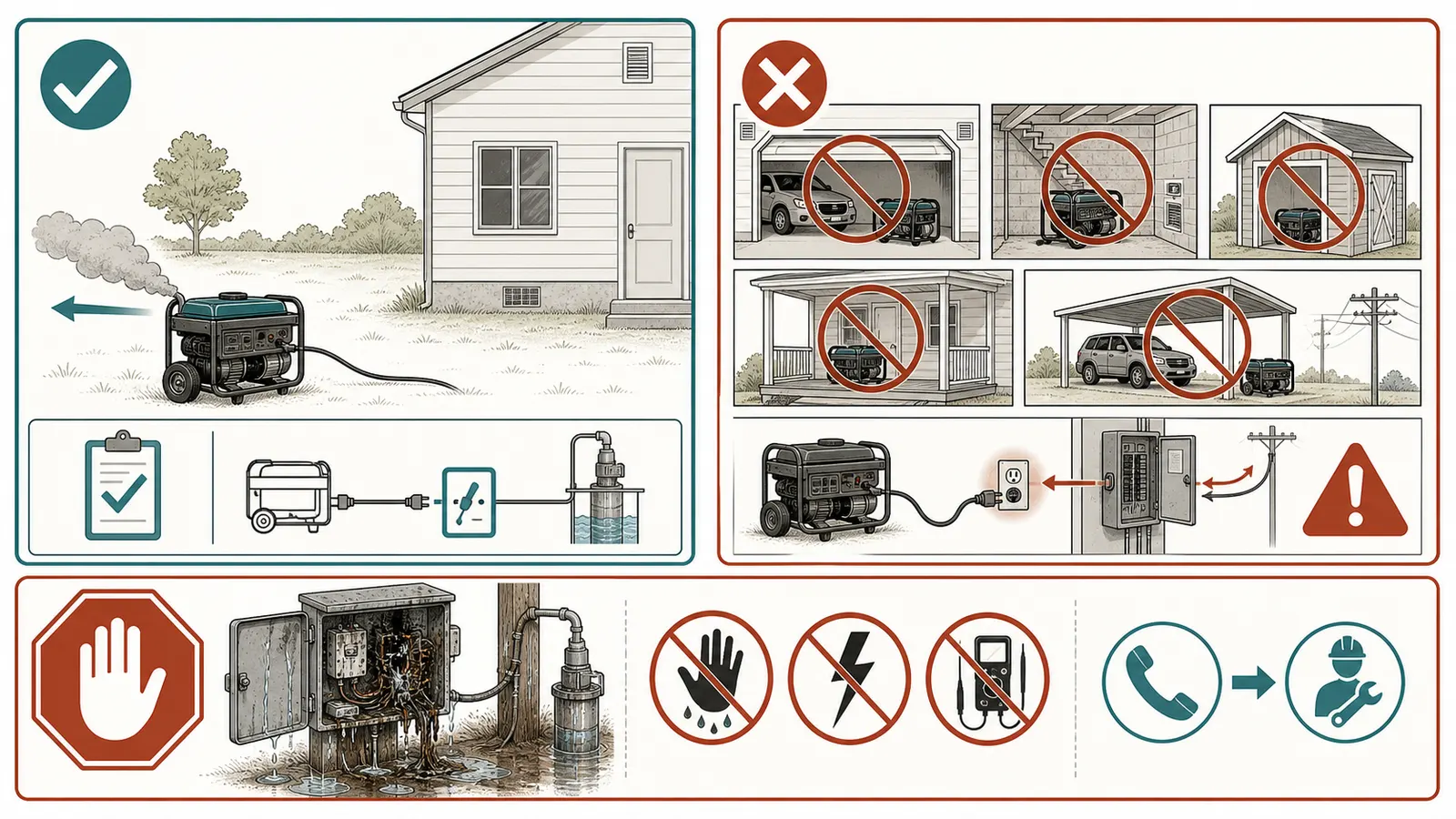 Safe outdoor generator placement compared with prohibited indoor placement and damaged-well electrical stop rules