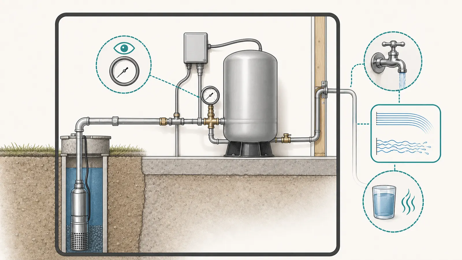 Cutaway of a private-well pressure tank, visible gauge, pump controls, and a household faucet marked for safe observation boundaries