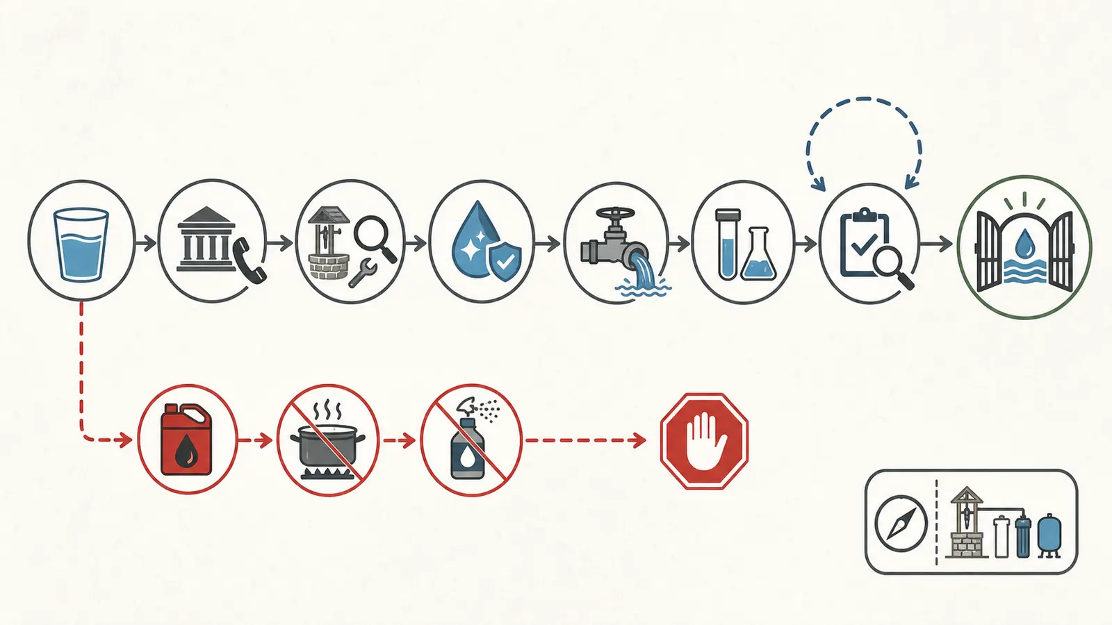Recovery sequence from alternate water and local advice through repair, disinfection, flushing, certified testing, and release