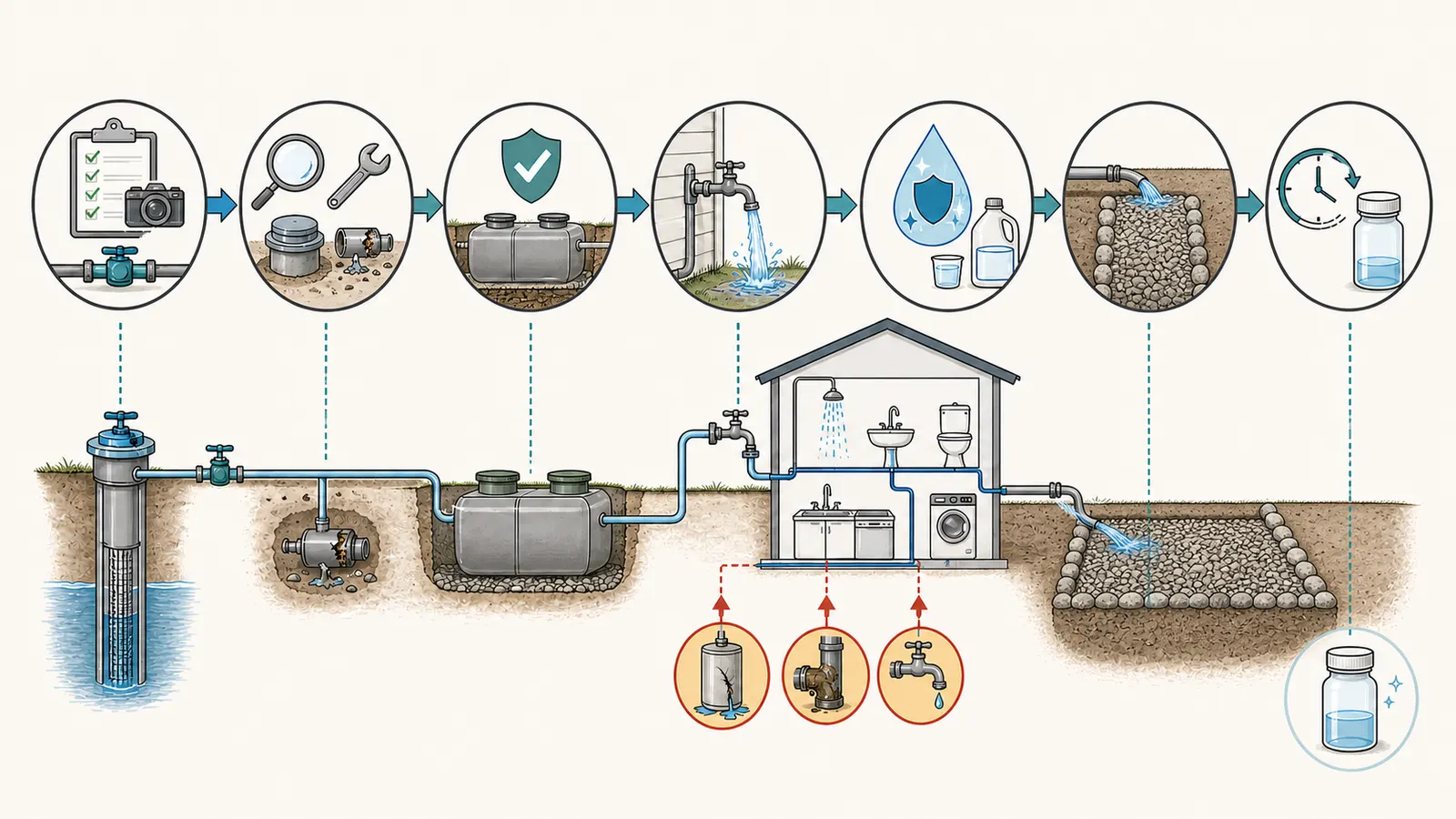 Flow diagram showing professional clearance, outside faucet flushing, septic protection, disinfection, and retesting.