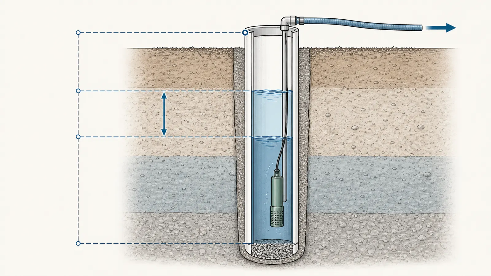 Cutaway of a drilled well showing total depth, static water level, casing diameter, and water column