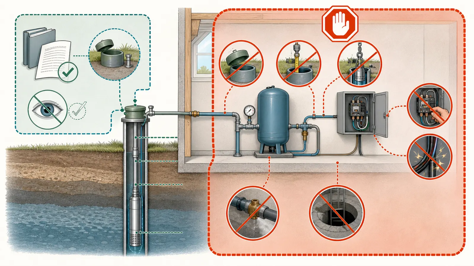 Safety boundary around a well cap, energized controls, pump, pressure tank, and approved measurement access