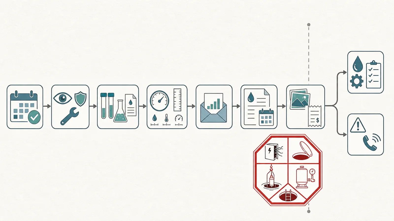 Workflow from scheduled visit to measurements, laboratory results, written report, records folder, and next action.