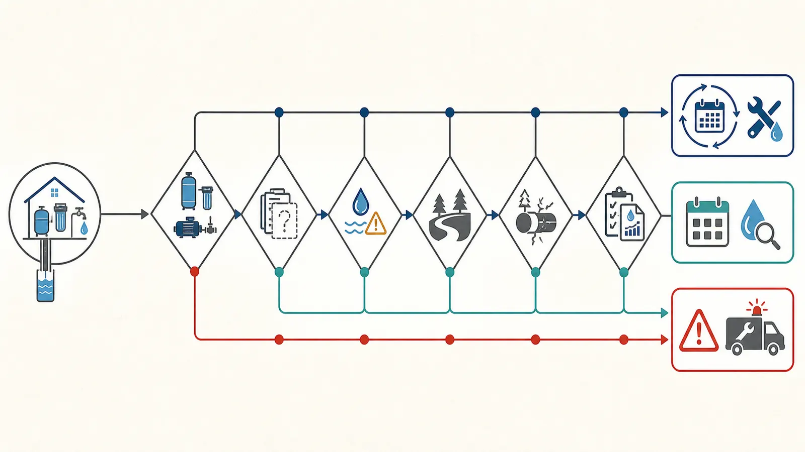 Decision map routing a homeowner to a recurring plan, a standalone annual checkup, or urgent professional help.