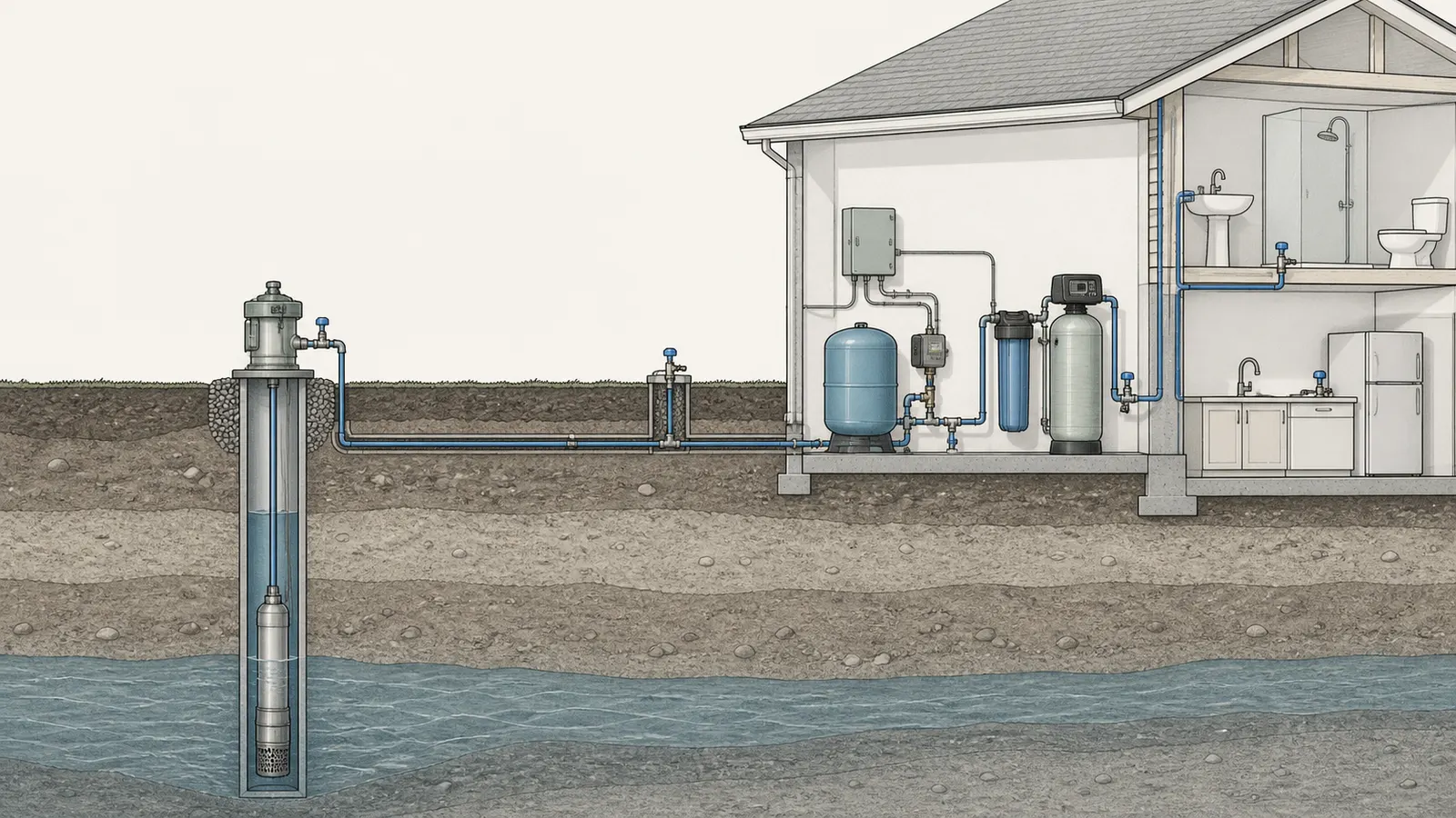 Conceptual well-system cutaway showing a wellhead, pump, pressure tank, controls, treatment equipment, and household demand.