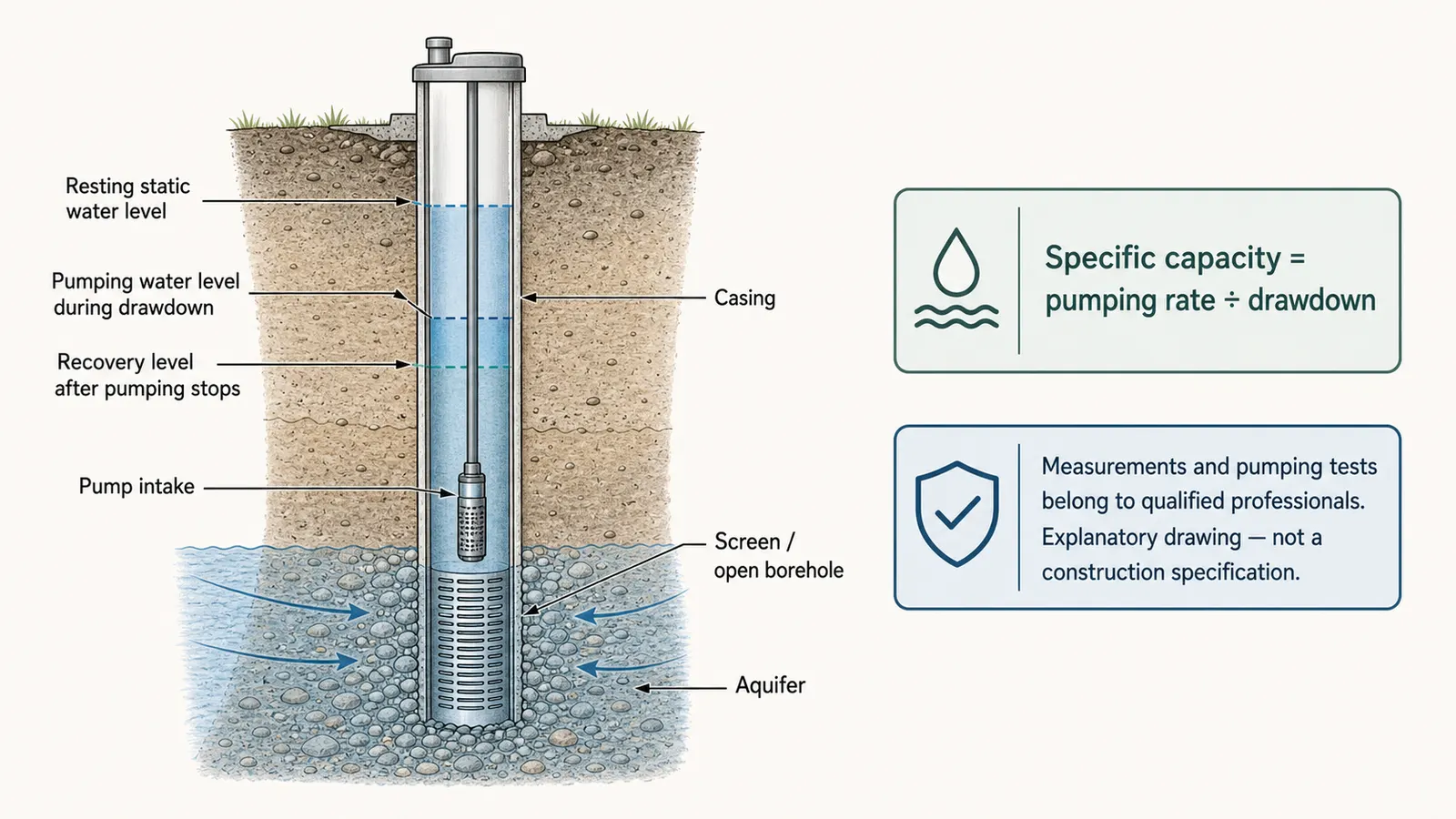 Well cross-section labeling static level, pumping level, drawdown, pump intake, screen, and specific-capacity relationship