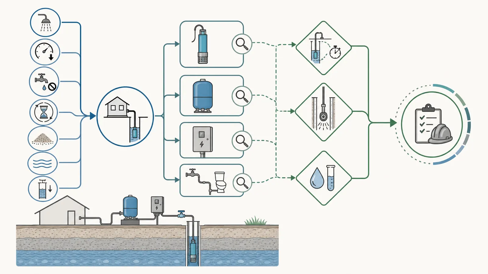 Decision map separating pump or pressure-system symptoms from well-yield or well-structure evidence